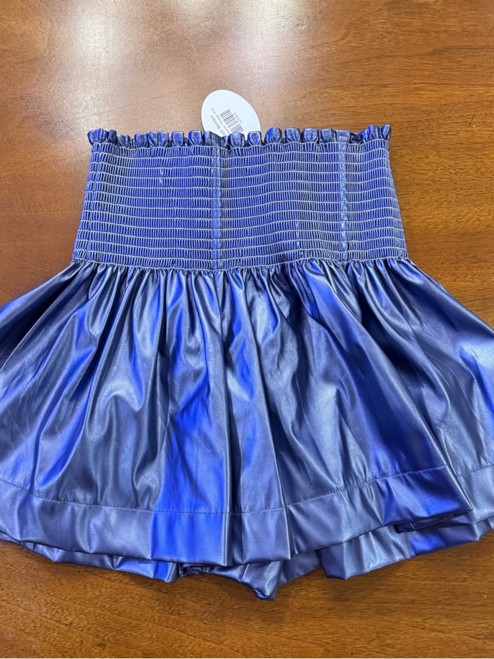 QUEEN OF SPARKLES Blue Leather Smocked Swing Shorts with Elastic Waistband